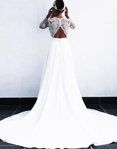 White Lace Long Sleeves V Neck Long Bridal Dress