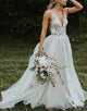 Ivory Deep V Neck Open Back A Line Long Bridal Dress