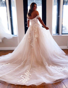 Ivory Off the Shoulder A Line Long Bridal Dress With Appliques