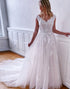 Ivory V Neck A Line Tulle Long Bridal Dress