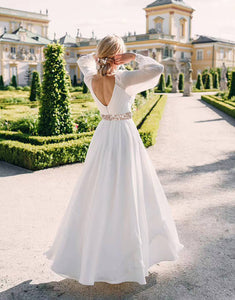 V Neck Long Sleeves A Line Ivory Wedding Dress