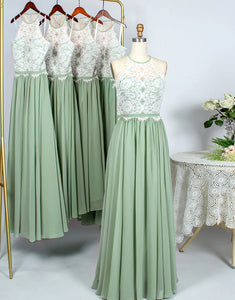 Dusty Sage One Shoulder Lace Long Bridesmaid Dress