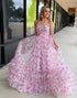 Pink Flower A-Line Halter Tiered Long Prom Dress