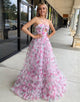 Pink Flower A-Line Halter Tiered Long Prom Dress