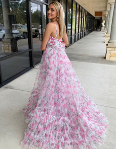 Pink Flower A-Line Halter Tiered Long Prom Dress