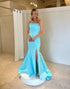 Blue Mermaid Off The Shoulder Long Prom Dress With Slit