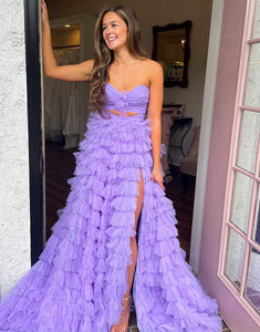 Lilac A-Line Off The Shoulder Keyhole Ruffle Tiered Long Prom Dress