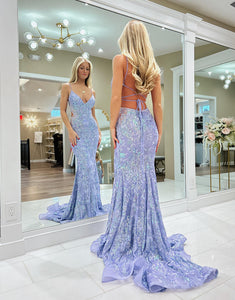 Lavender Mermaid Spaghetti Strap Long Prom Dress With Appliqued