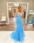 Sky Blue Mermaid Tulle Long Prom Dress With Appliques