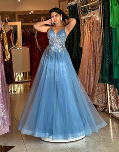 Sparkly Dusty Blue A-Line Tulle Long Prom Dress With Appliques
