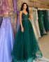 Glitter Dark Green A-Line Tulle Long Prom Dress With Appliques