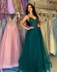 Glitter Dark Green A-Line Tulle Long Prom Dress With Appliques