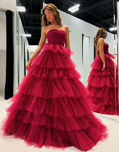 Hot Pink A-Line Off The Shoulder Tiered Long Prom Dress