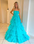 Hot Pink A-Line Off The Shoulder Tiered Long Prom Dress