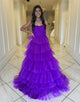 Hot Pink A-Line Off The Shoulder Tiered Long Prom Dress