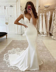 Satin Mermaid Lace V-neck Cap Sleeves Wedding Dress With Appliques