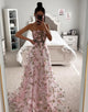 Blush Pink A Line Embroidery Lace Appliques Side Slit Prom Dress