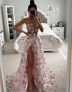 Blush Pink A Line Embroidery Lace Appliques Side Slit Prom Dress