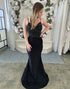 Glitter Black Mermaid V-Neck Spaghetti Strap Long Prom Dress