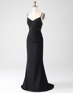 Glitter Black Mermaid V-Neck Spaghetti Strap Long Prom Dress