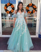 Mint A Line Tulle Prom Dress With Appliques