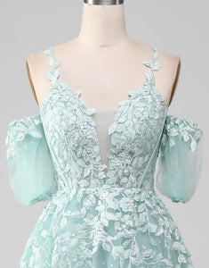 Mint A Line Tulle Prom Dress With Appliques