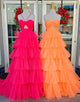 Pink A Line Halter Keyhole Pleated Tiered Prom Dress