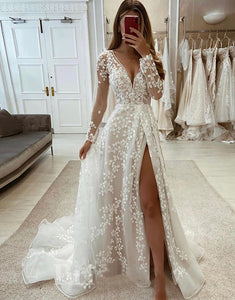 V-Neck Long Sleeves Wedding Dress With Split
