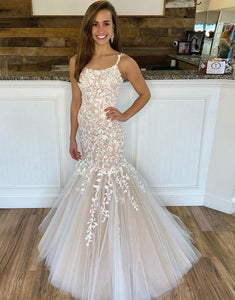 Champagne Tulle Lace Mermaid Long Prom Dress