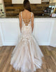 Champagne Tulle Lace Mermaid Long Prom Dress