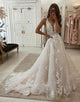 A-Line V-Neck Lace Applique Ivory Wedding Dress