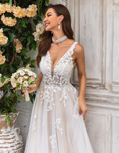 A-Line V-Neck Lace Applique Ivory Wedding Dress