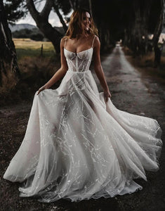 A-Line Spaghetti Neck  Sparkly Tulle Wedding Dress