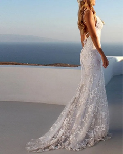 Ivory Elegent Lace V-Neck Sleeveless Long Wedding Dress