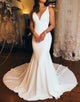 Ivory Mermaid Simple V Neck Satin Wedding Dress