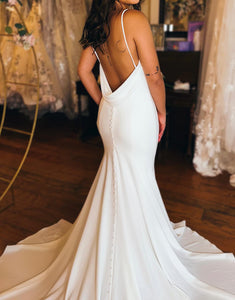 Ivory Mermaid Simple V Neck Satin Wedding Dress