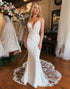 Ivory Mermaid V Neck Satin Wedding Dresses with Appliques