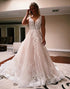 Ivory A Line V Neck Tulle Lace Wedding Dresses with Appliques