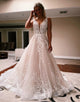 Ivory A Line V Neck Tulle Lace Wedding Dresses with Appliques