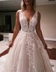 Ivory A Line V Neck Tulle Lace Wedding Dresses with Appliques