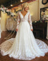 Ivory A Line V Neck Long Sleeve Tulle Lace Wedding Dress