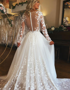 Ivory A Line V Neck Long Sleeve Tulle Lace Wedding Dress