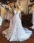 Ivory A-Line V-Neck Backless Long Lace Wedding Dress