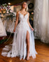 A-Line V Neck White Tulle Wedding Dresses with Appliques