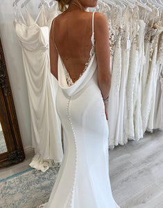 White Spaghetti Straps Long Mermaid Boho Wedding Dress with Lace