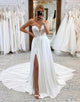 Deep V-Neck Strapless Lace Appliqued A-Line Wedding Dress With Slit