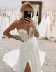 Deep V-Neck Strapless Lace Appliqued A-Line Wedding Dress With Slit
