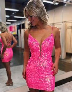 Bodycon Spaghetti Straps Hot Pink Short Homecoming Dress with Criss Cross Back
