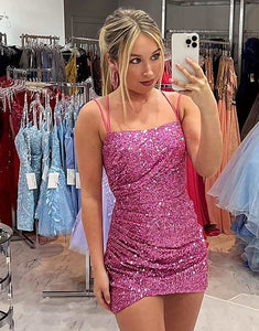 Pink Sequin Spaghetti Straps Bodycon Homecoming Dress