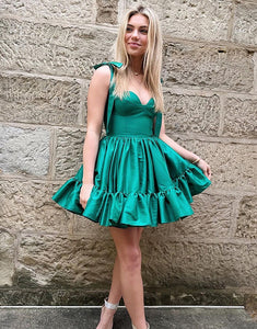 Green A Line Tie Straps Short Homecoming Dress